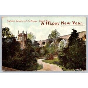 Postcard Happy New Year Waterfall Gardens St. Georges Church Truro UK c1910s